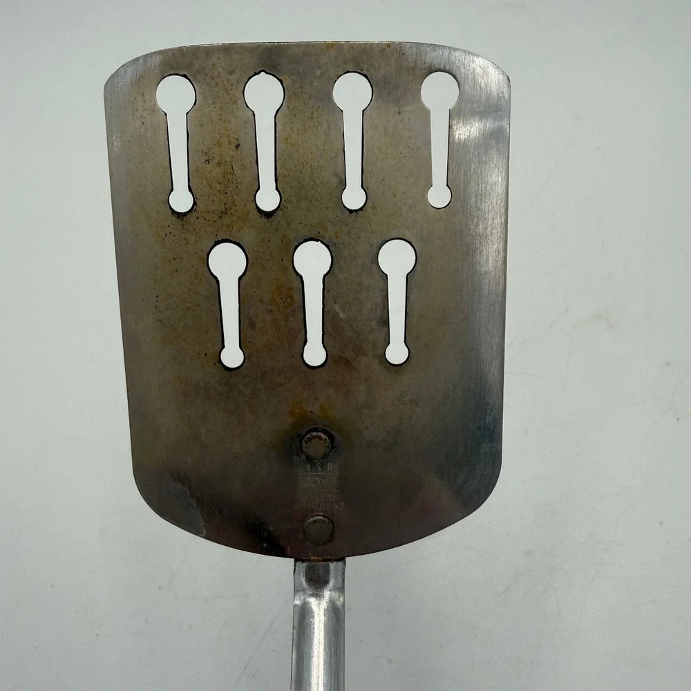 Vintage EKCO Spatula Chromium Plated Slotted Turner USA Olive Green Handle 11.5